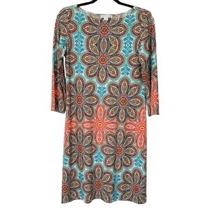 London Times Dress Womens 6 Blue Patterned Floral Geometric Stretchy Art to Wear